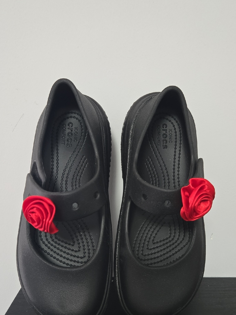 CROCS Black Mary Jane Shoes with Red Rose Charm